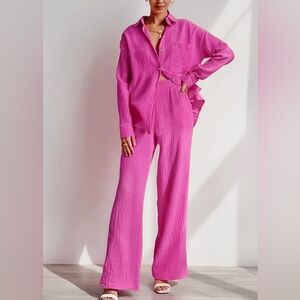 Hot Pink Linen button up collard two piece pant set